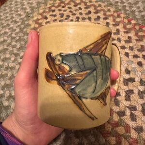 Handcrafted pottery piranha Mug - Tan and Green Christmas gift